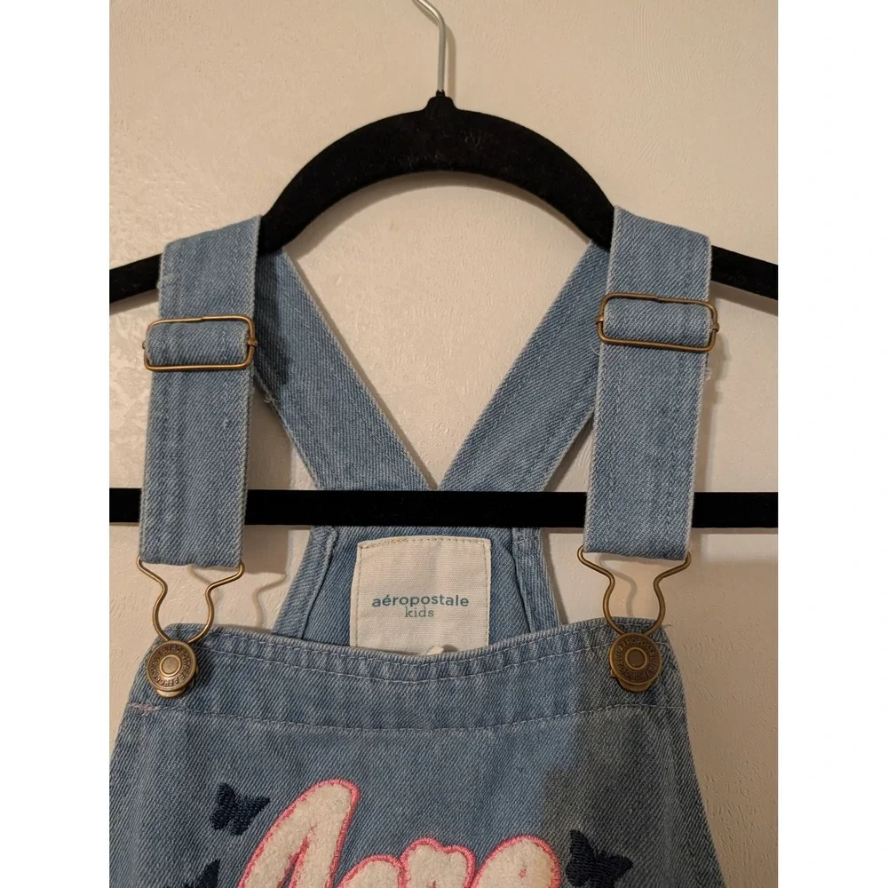 Aeropostale Kids Denim Overall Dress Light Wash Chenille Aero Patch Blue Size M